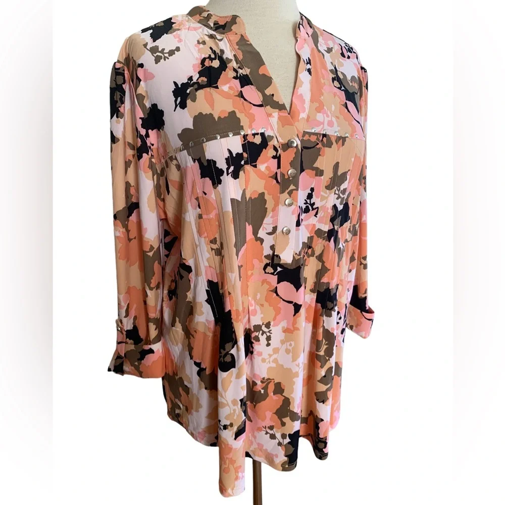 COCOMO 3X Beige Pink Studded 3/4 sleeve Plus Size women’s Pintuck Blouse t…_2